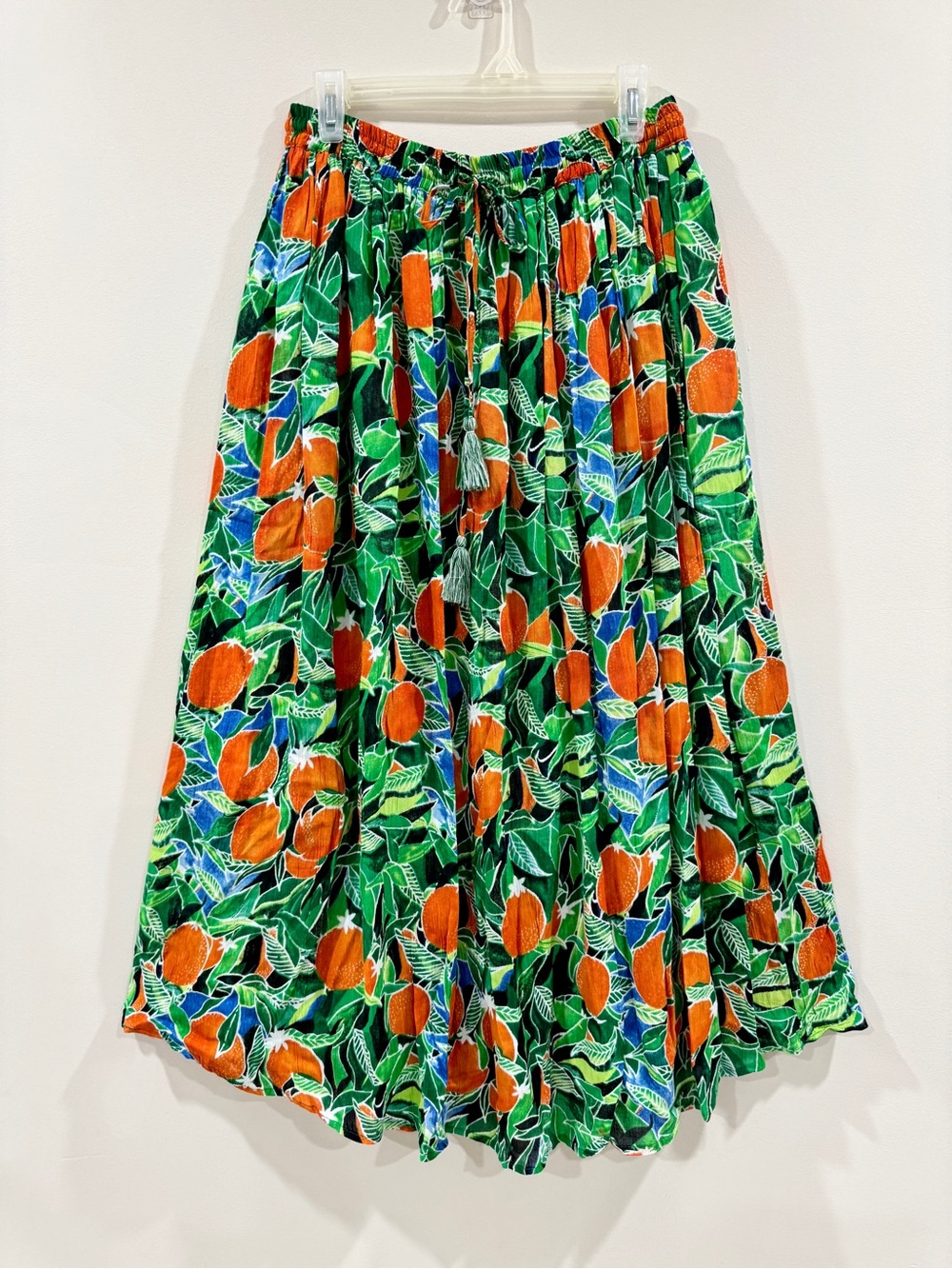 Tropical Orange Citrus Boho Maxi Skirt Size M Flowy Rayon Drawstring Waist